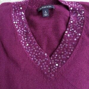 LANDS' END PURPLE V-NECK SWEATER SEQUINS COTTON CASHMERE, SIZE SMALL